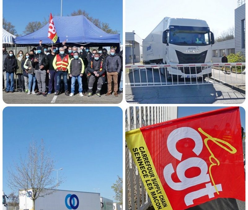 Piquet de grève devant Carrefour Supply Chain le 08/04